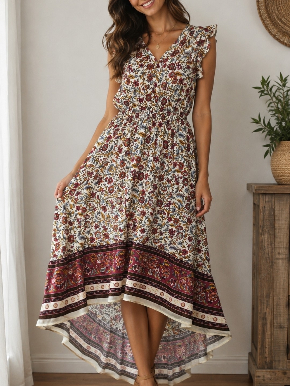 Boho Floral Asymmetrical Midi Dress - White & Burgundy